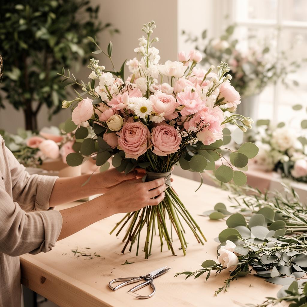 Florist arranging a fresh bouquet at Cathy Cowgill Flowers